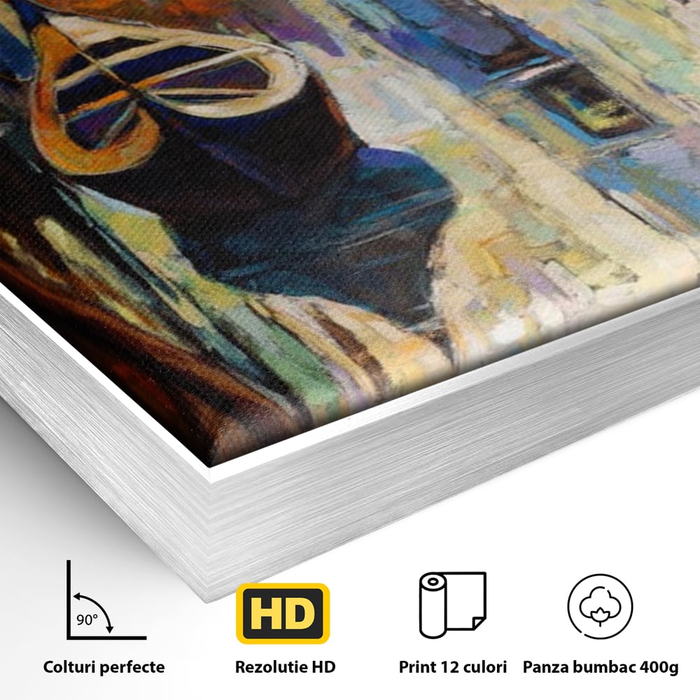 Detaliu al suprafetei: pictura canvas cu gondole in venetia, in rama de aluminiu argintiu
